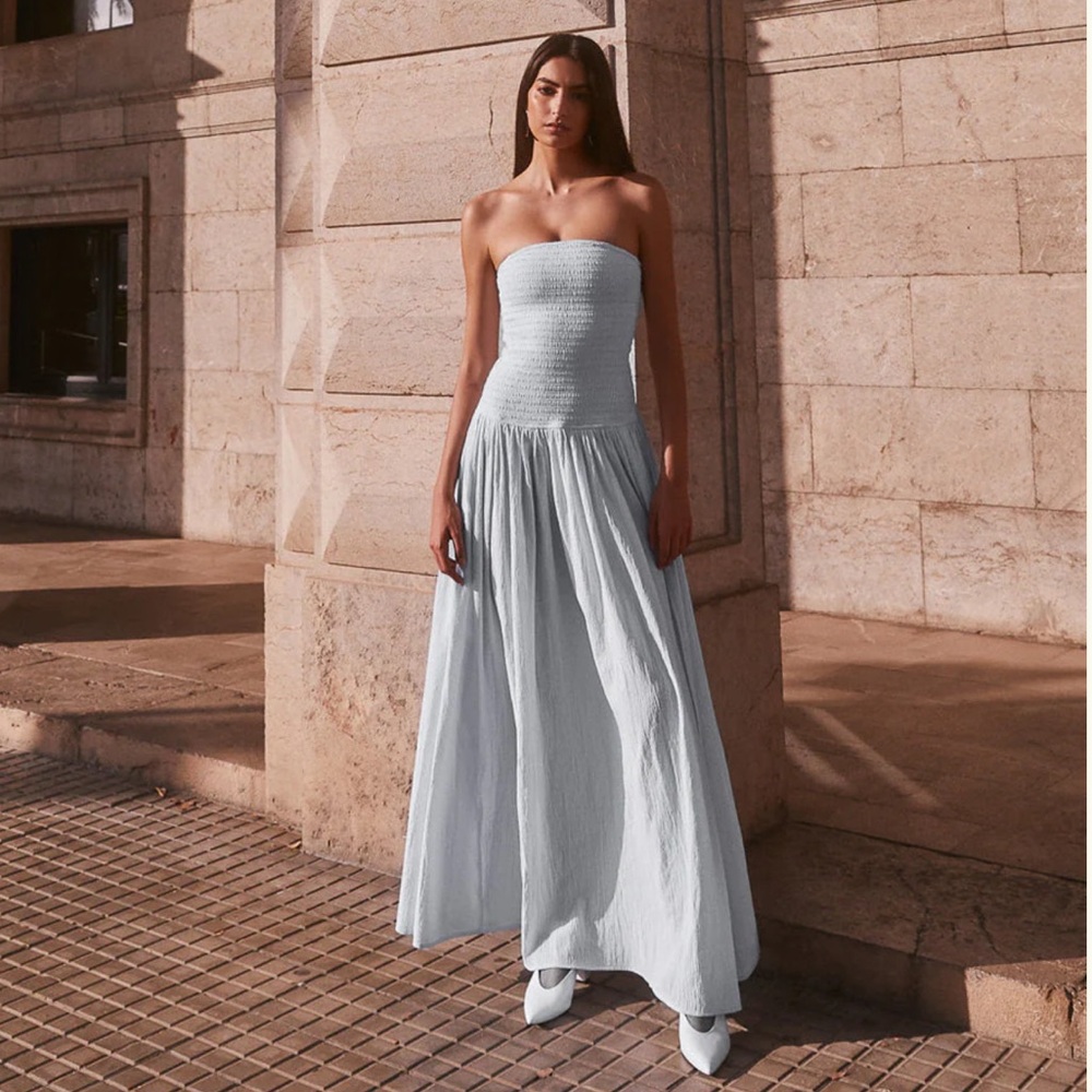 NWT Meshki ‘Maureen’ powder blue cotton shirring strapless maxi dress - Picture 5 of 16